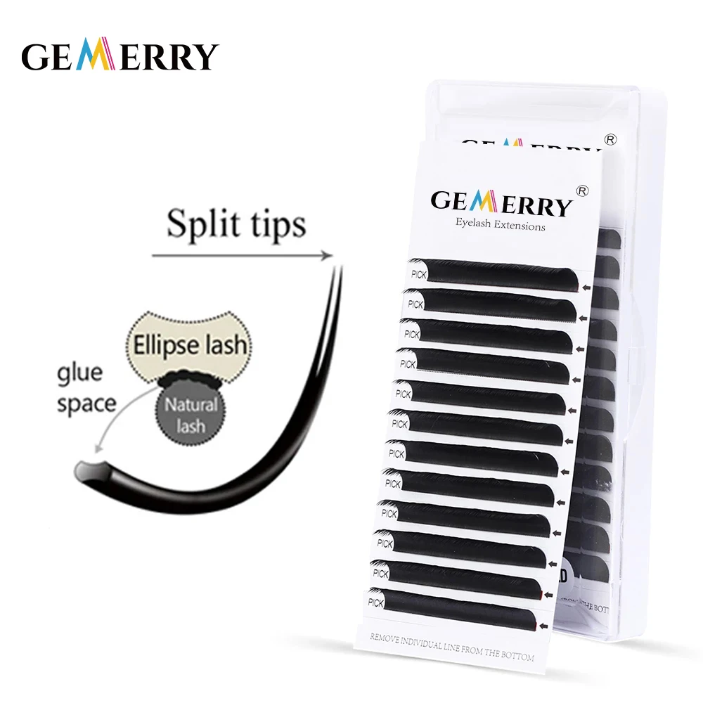 Gemerry Ellipse Flat Lashes Extension For Professional Eyelashes Split Tip Individual Soft Silk 0.15 Flat Eyelash Makeup Supplie seashine black ellipse flat lashes extensions back to school lash matte split tip profession soft silk flat eyelashes