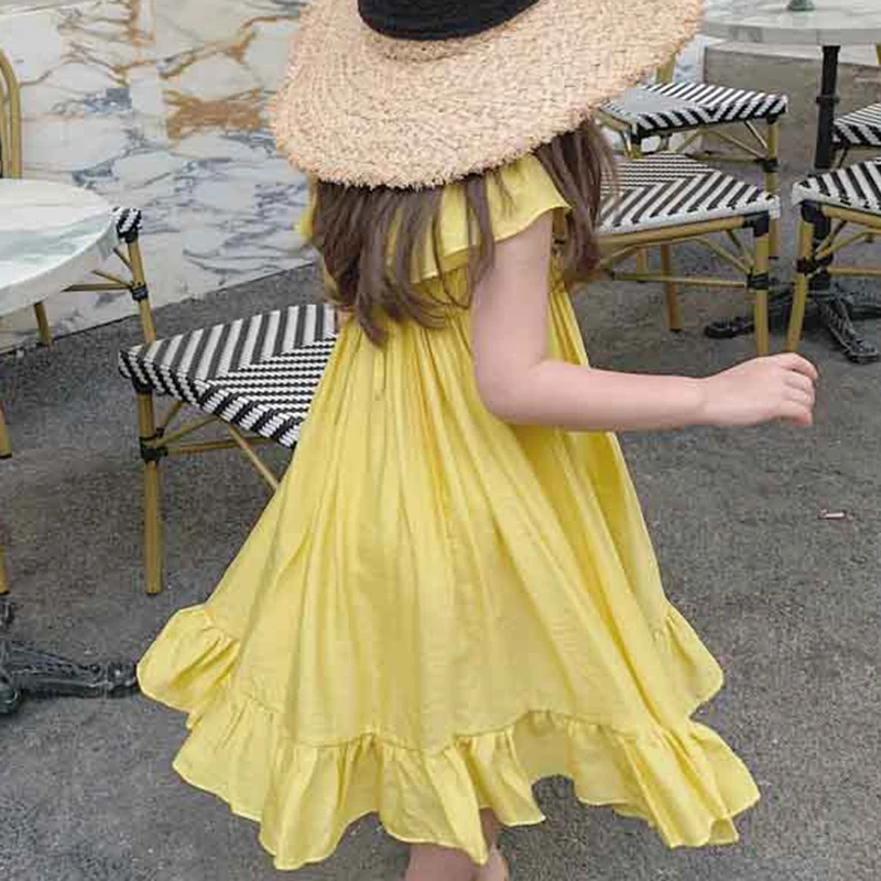 

2023 Summer Flying Sleeve Simple Casual Dress Holiday Kid Clothes Girl Children Dress For 3-7 Years