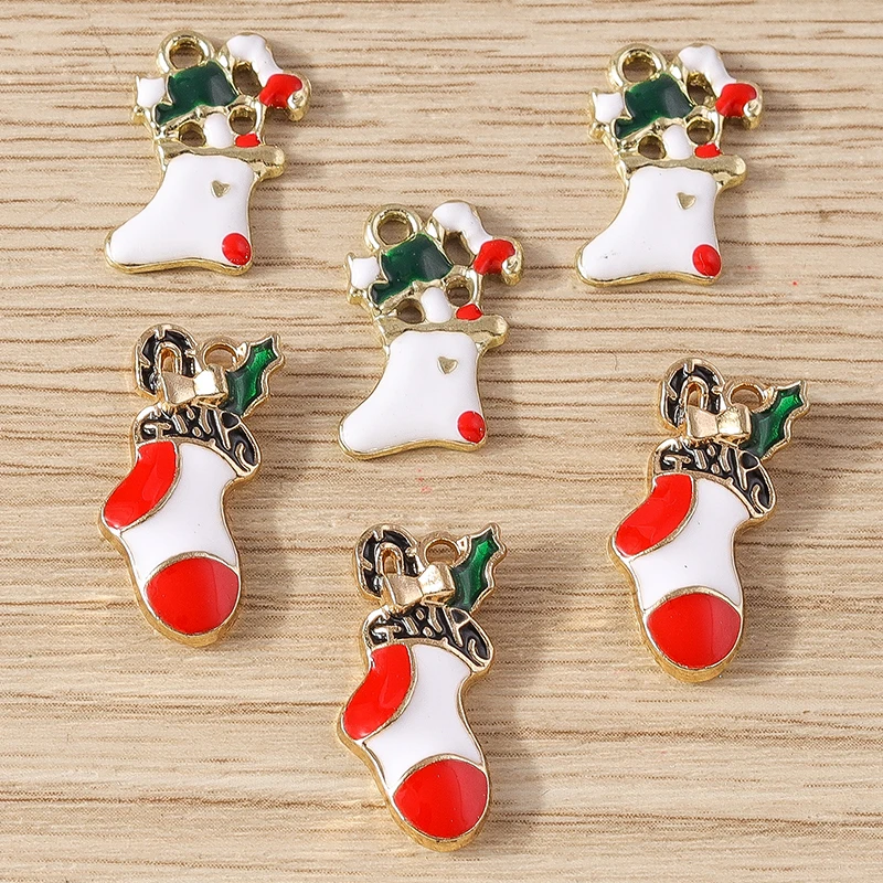 10 Stück süße Emaille-Weihnachtssocken-Charms-Anhänger für Schmuckherstellung, Tropfen-Ohrringe, Halskette, Armbänder, DIY-Bastelzubehör