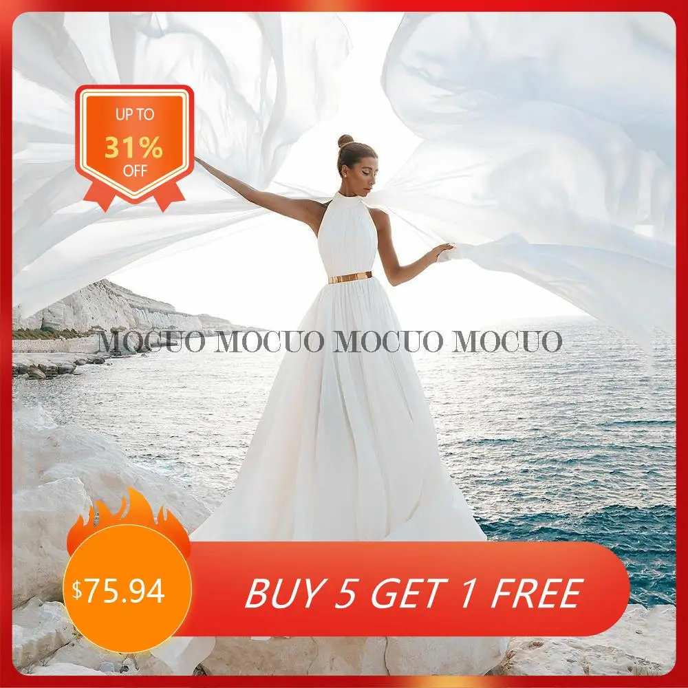 

Sexy Ivory Chiffon Beach Prom Dress Halter Neck Backless Long Shoulder Train Evening Dress 2022 Sexy High Slit Party Dress