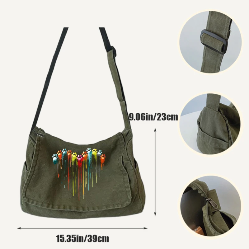 Casual Women's Crossbody Bag Paw Print Canvas Shoulder Bag Large Capacity Messenger Bag for Shopping