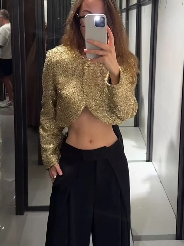 Women Fashion Metallic Thread Short Jacket Fall Long SleeveO-Neck Stretch Hem Jacket Coats Female Chic Streetwear