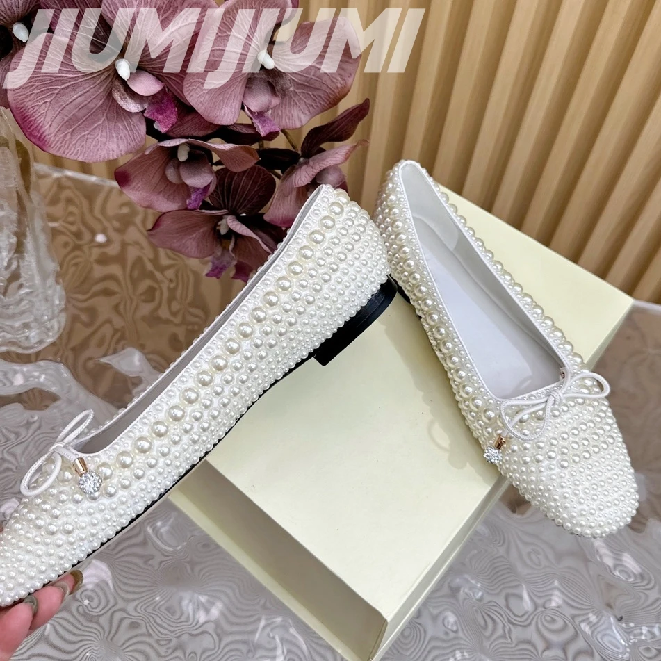 Luxury Brand String Bead Flat With Ballet Flats Shallow Pearl Almond Shaped Toes Zapatos Mujer Silk Butterfly Knot Woman Flats 6