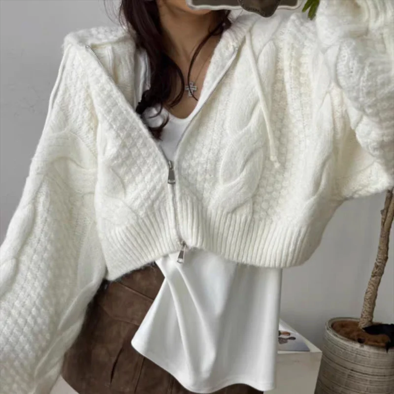 Women Long Sleeve Knitted Sweater Casual Hooded Cardigan