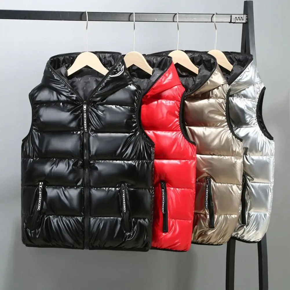 Short Bright Color Vest Hooded Vest Stand Collar Cotton Padded Sleeveless Women Coat Waterproof Sleeveless Men Jackets Coat