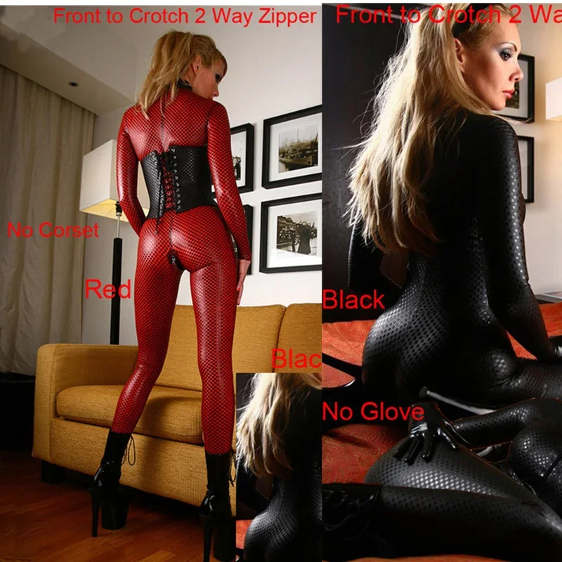 

Women Black Red Hot Faux Leather Latex Catsuit Clubwear Sexy Jumpsuit With Zipper To Crotch Sex Fetish Bondage Harness Costumes