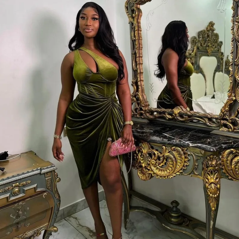 

African Women Olive Green Cocktail Dresses One Shoulder Velvet Short Birthday Party Dress Vestido De Fiesta De Boda Prom Gowns