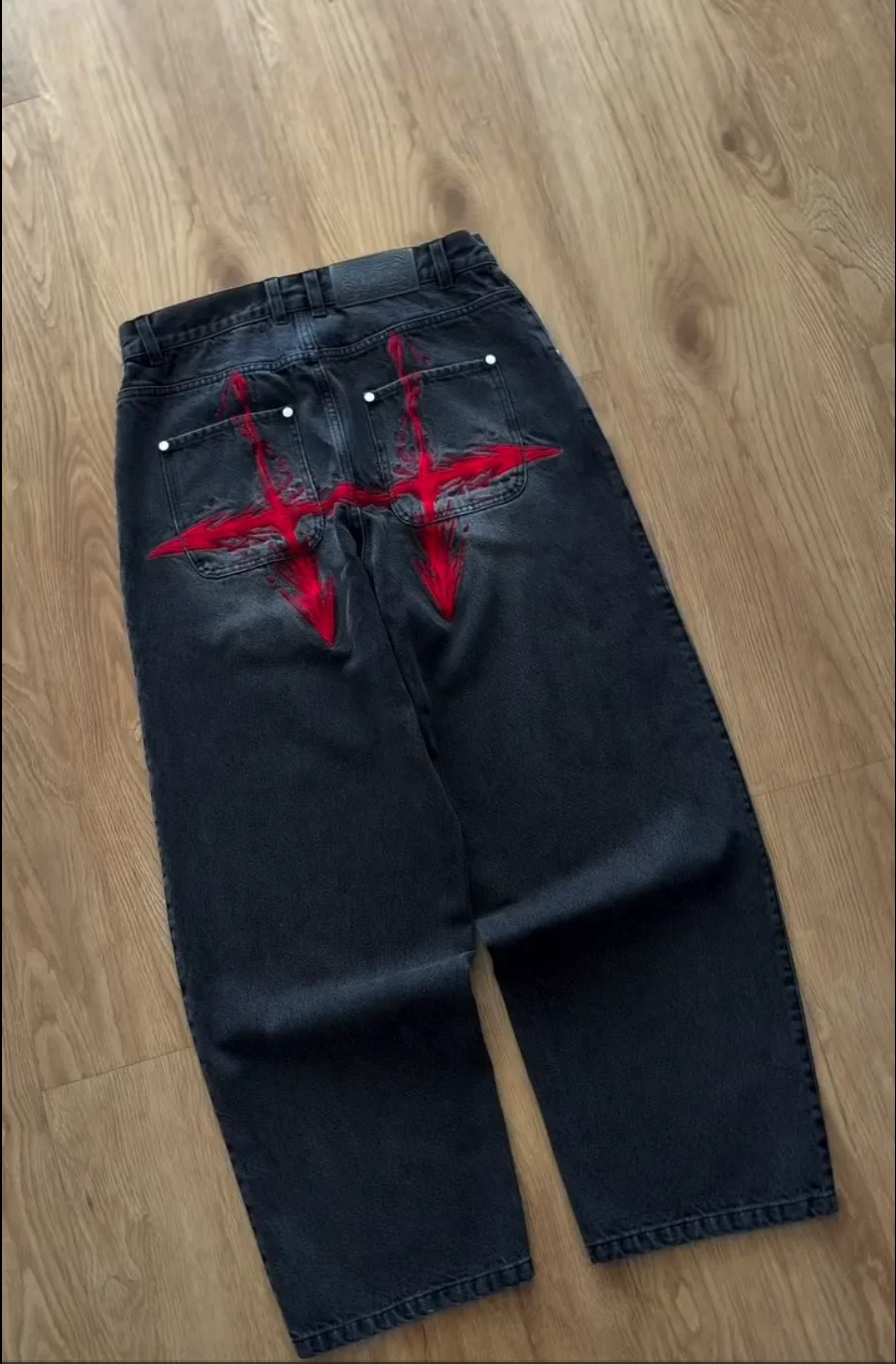 Y2K Vintage Loose Denim Pants Black Japan Cartoon Pattern Embroidered Jeans Women Wide Leg High Waist Streetwear Men Jeans 1