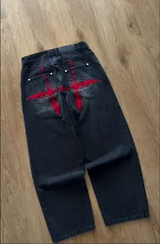 Y2K Vintage Loose Denim Pants Black Japan Cartoon Pattern Embroidered Jeans Women Wide Leg High Waist Streetwear Men Jeans 1
