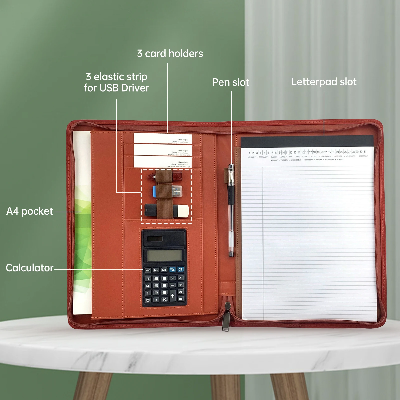 지퍼형 Padfolio A4 PU 가죽 포트폴리오 정리함, 계산기 포함, 인터뷰 이력서 문서 플래너, 일정 거치대