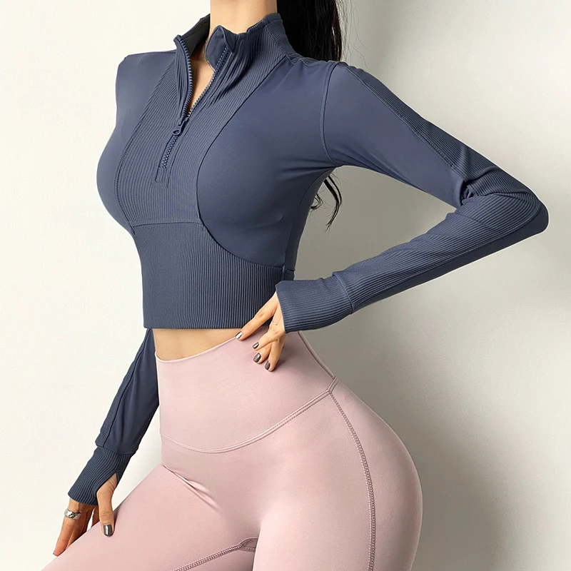 

Half Zipper Yoga Shirt Women Tight Long Sleeve Autumn Winter Bottomed Warm Running Pullover Slim Short Pilate Workout Top