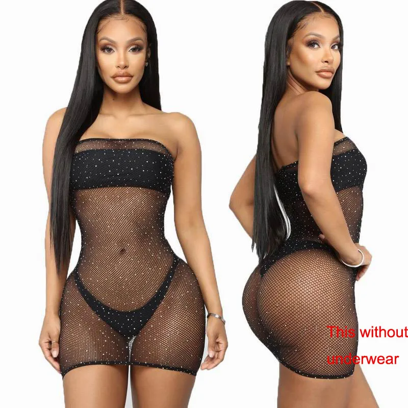

Temptation Sling Breast Wrapped Perspective Fishing Net Chemises Women Full Crystal Stones Decorative Buttock Wrapped Baby Dolls