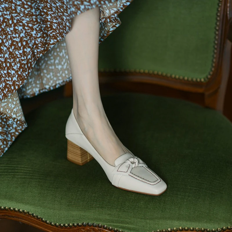 

2022 Spring/Autumn Women Shoes Split Leather Shoes Women Square Toe High Heels Chunky Heel Shoes Bow-knot Work Shoes for Women