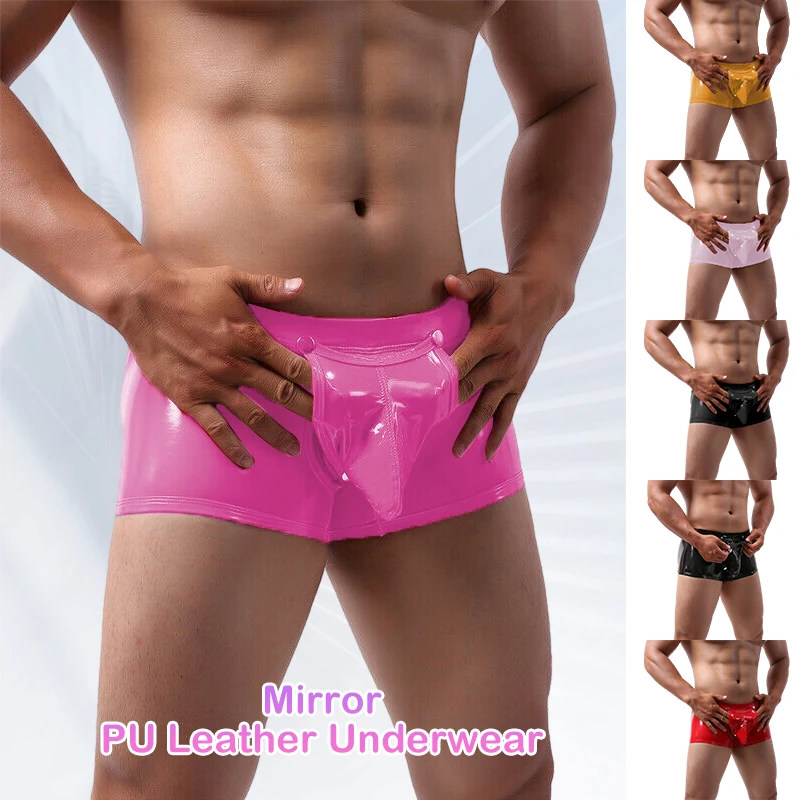 

Men's Hot Pants Sexy Latex Pvc Faux Bright Leather Short Pants Solid Shiny Buckled Look Boxer Brief Open Crotch Boxer Shorts