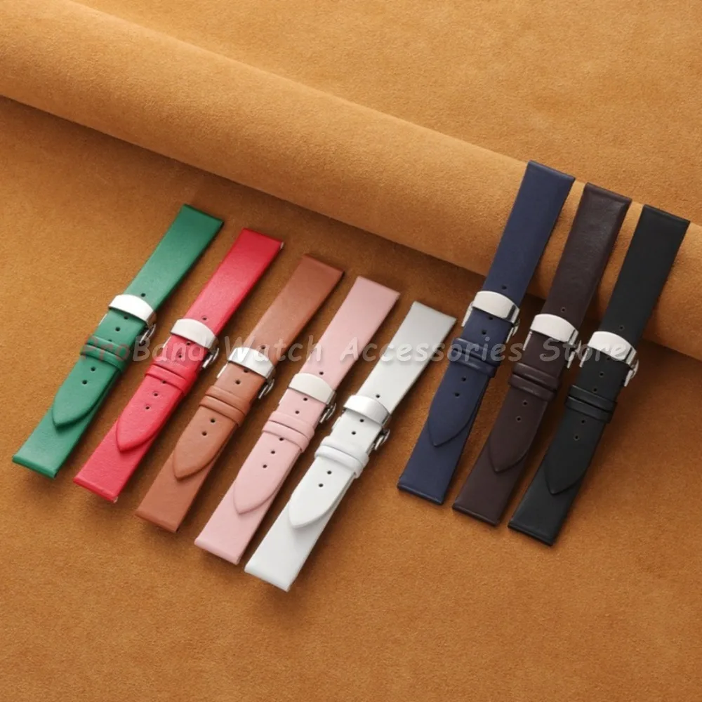 Sleek Genuine Leather Watch Band with Butterfly Buckle - Unisex Cowhide Strap