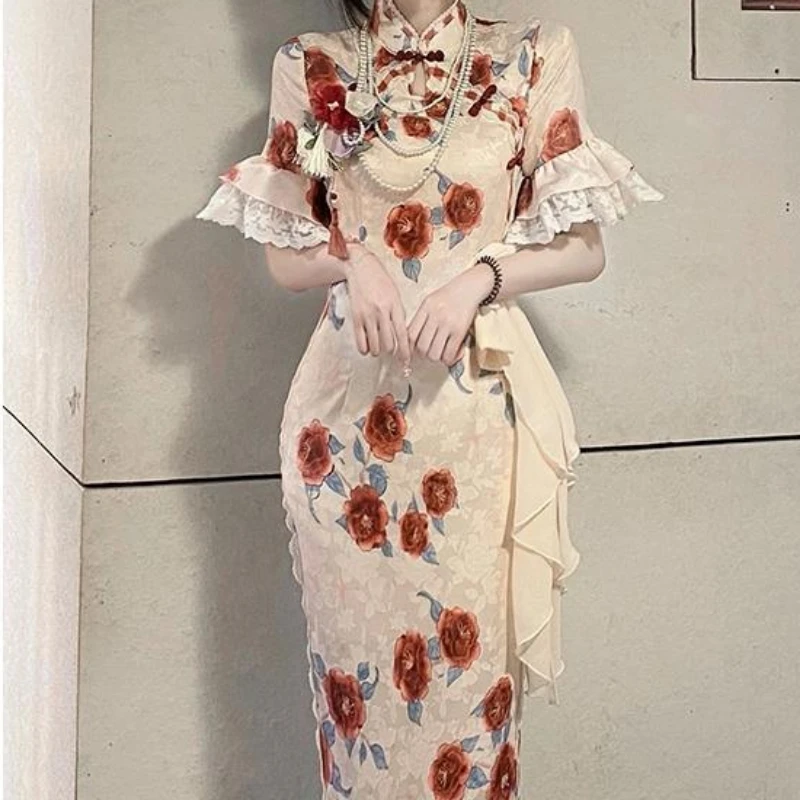 

French Floral Cheongsam Modified Dress 2023 Women's Clothing Summer Retro Traditional Chinese Dress Qipao Chi-pao