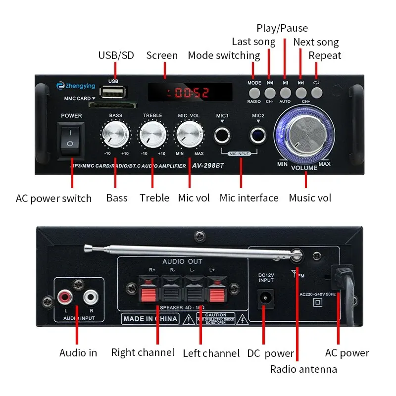 AV-298BT digitální energie zesilovač hifi Bluetooth audio zesilovač maximum 300wx2 bezdrátový Bluetooth 5.0 stereo audio zesilovač