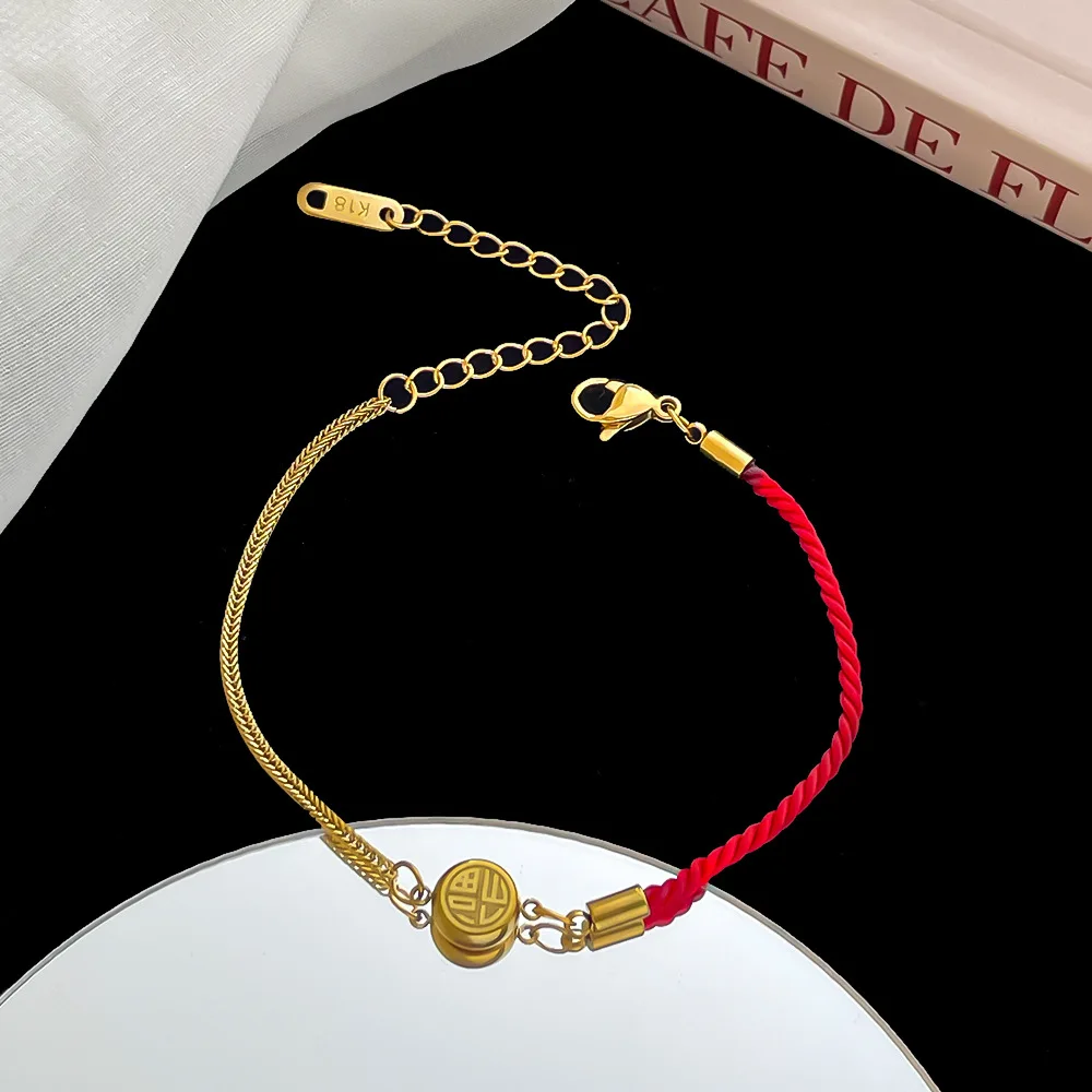 Charm Bracelet Titanium Stainless Steel Blessing For Women Ethnic Red Rope Chain Link Jewelry
