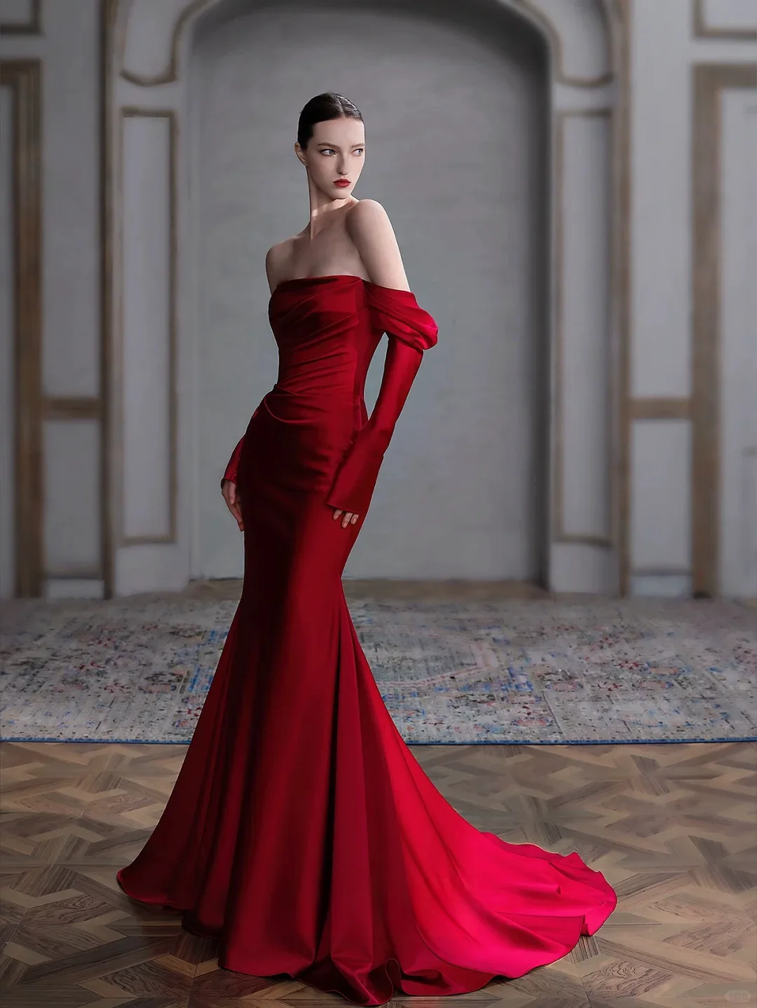 Red Evening Dresses Satin Off The Shoulder Long Sleeves Pleated Mermaid Trailing Wedding Host Party Woman Prom Banquet Dress