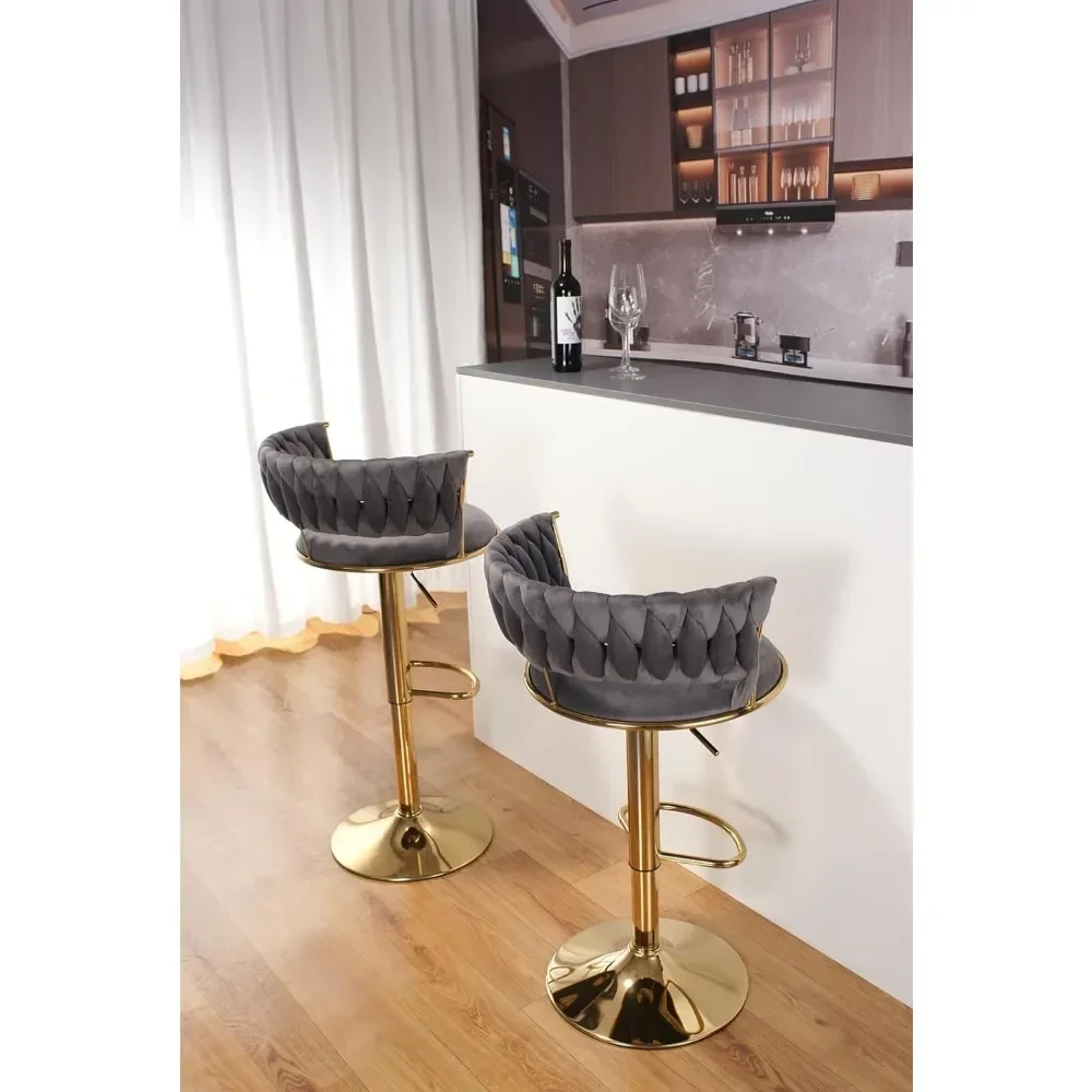 Bar Stools Set of 2, Modern Gold Velvet Barstool with Backs, Adjustable Height and Swivel, Kitchen Bars Chairs, Bar Chair images - 6