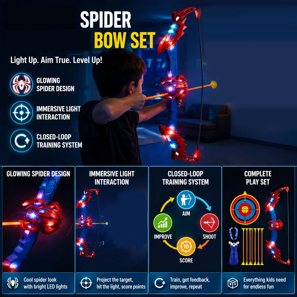 Set di arco e frecce con luci LED, 1 set, 10 frecce morbide con ventosa, bersaglio e torcia, giocattolo da tiro all'aperto per bambini, regalo di compleanno - immagine 3