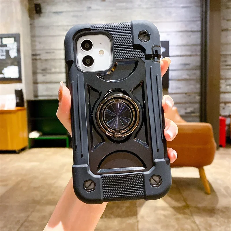 Shockproof Heavy Duty Silicone Kickstand Rugged Double Ring Cover