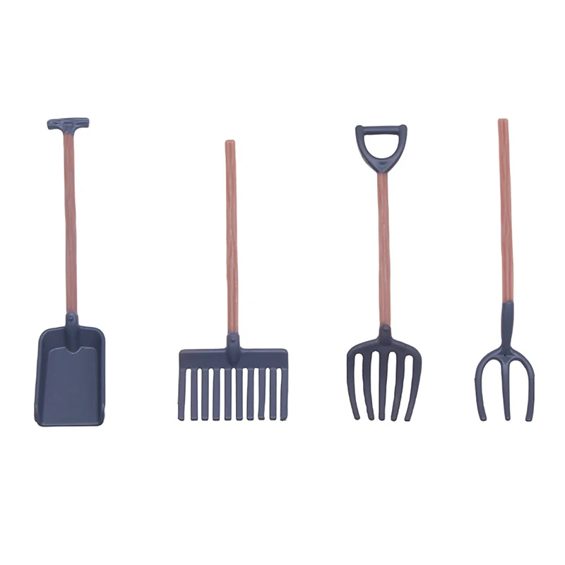 Mini Plastic Dollhouse Miniature Gardening Tool Shovel Rake Hoes Model Farm Decor Toy Doll House Accessories Kids Gift 4Pc