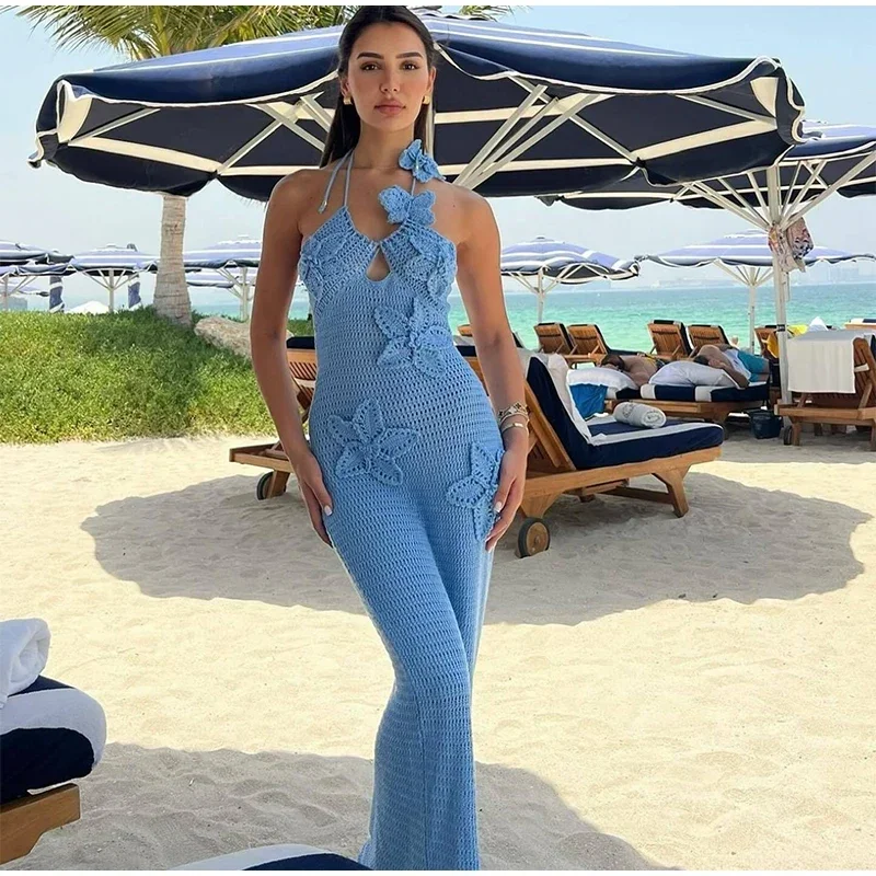 Sexy Knitted 3d Flower Halter Long Dress Women Crochet Hollow Out Sleeveless Blue Maxi Dresses New Lady Beach Vacation Robe