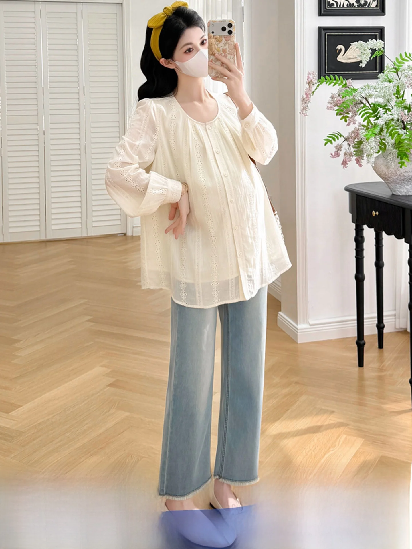 모유 수유 친화적인 루즈핏 임산부 셔츠 자수 봄 가을 신상 한국 버전 긴팔 라운드넥 탑