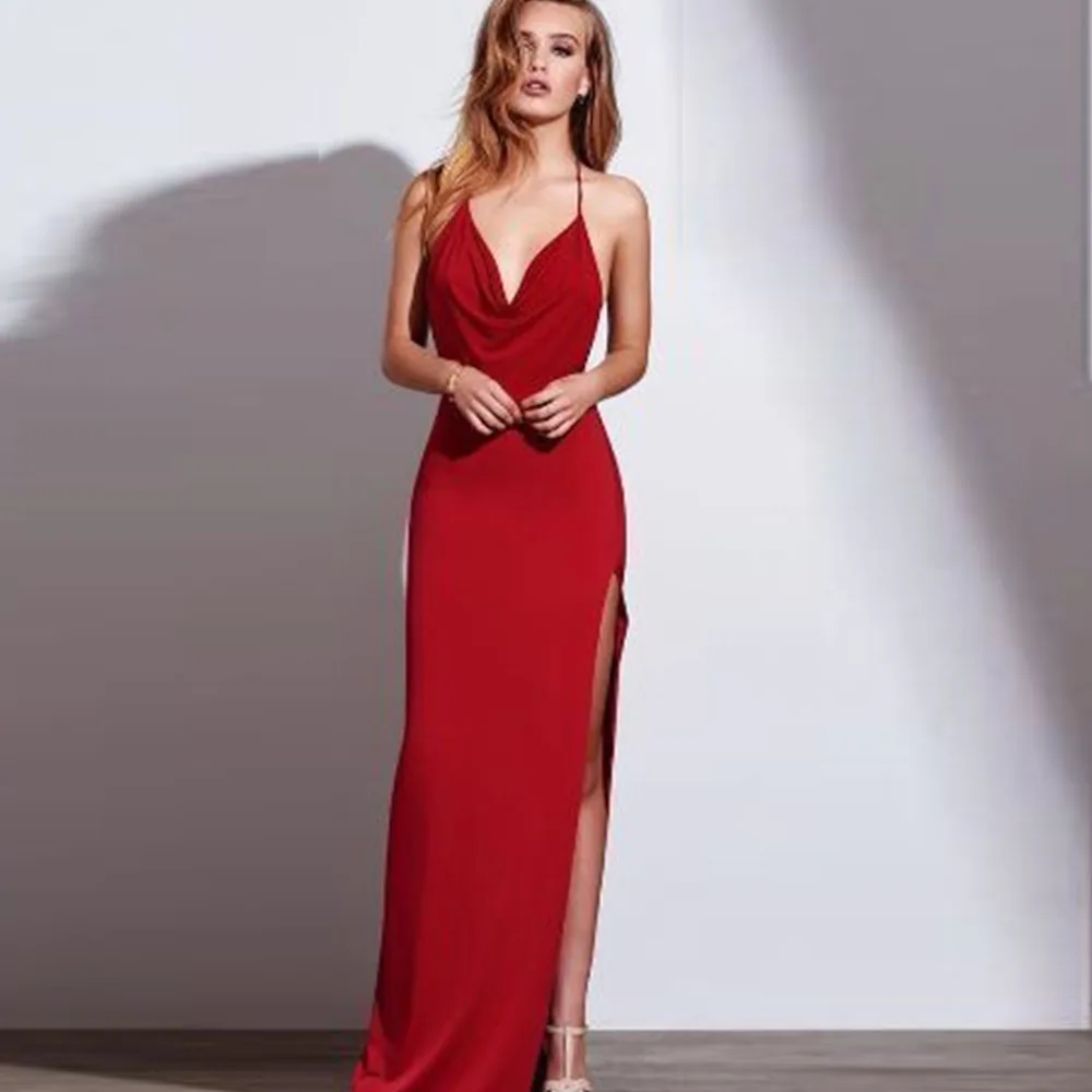 

Sexy Red Halter Backless Evening Dress Mermaid Prom Dresses Split Floor Length Formal Party Dress