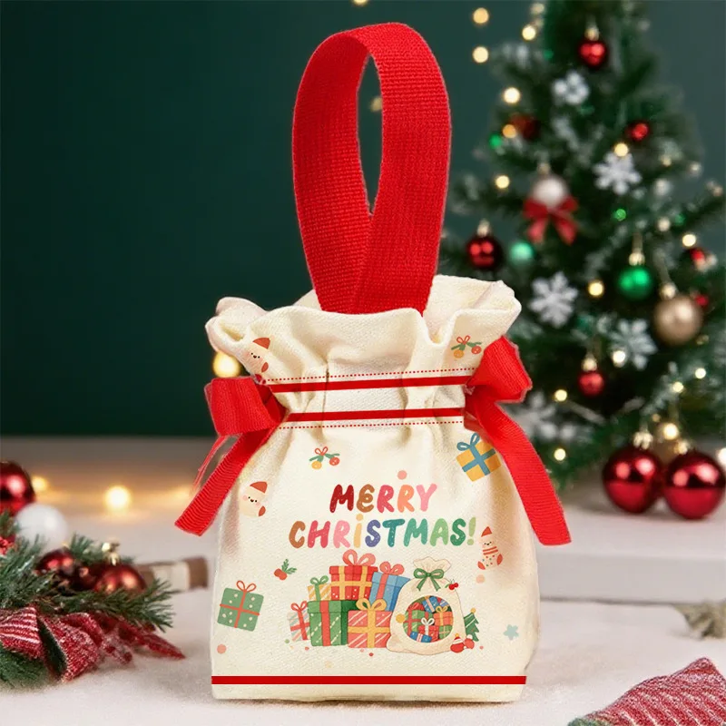 Christmas Canvas Bag Xmas Gift Bag 15x16cm Drawstring Pouch Xmas Candy Bag Jewelry Packaging Bag Christmas Eve Party Apple Bag
