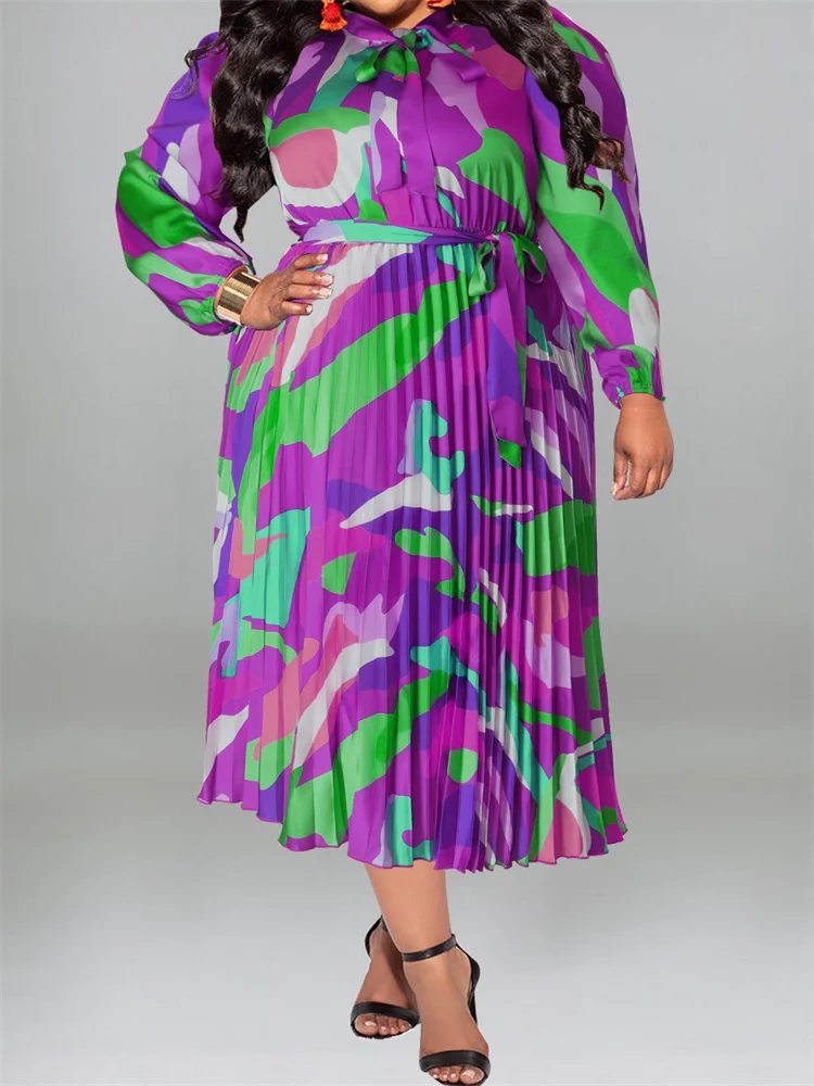 Wmstar Plus Size Dresses for Women Printed Tie Dye Fashion Long Sleeve Maxi Dress Hot Sale Wholesale Dropshipping with Bandage