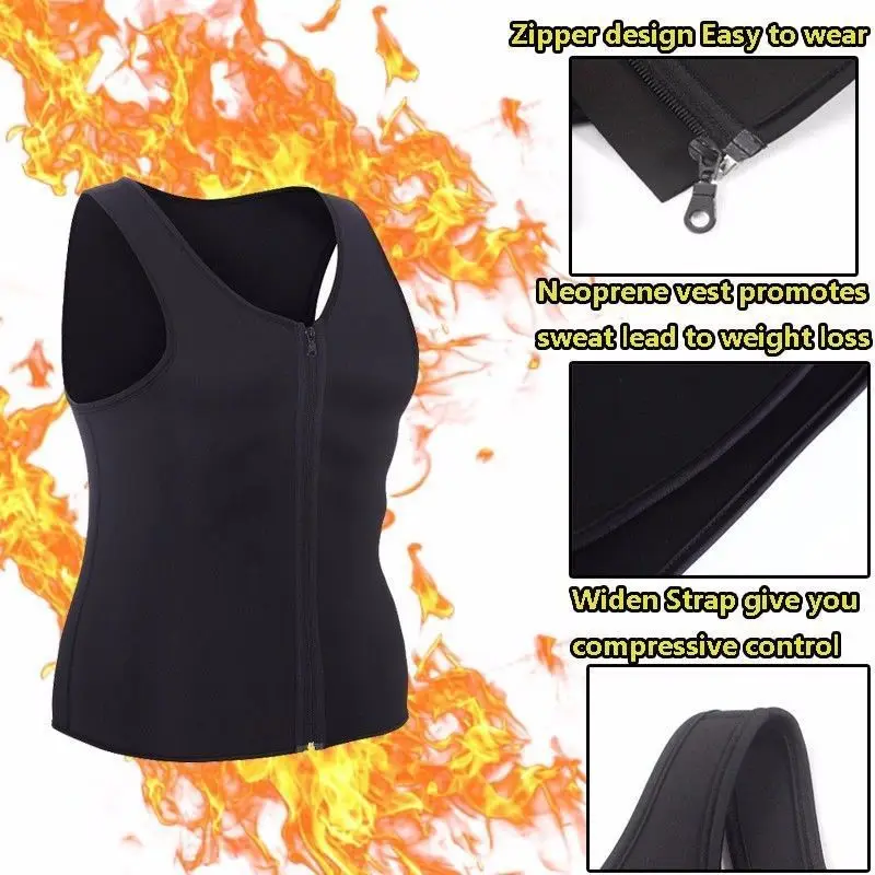 Men Compression Trainer Vest Neoprene Corset Body Shaper Slimming Shirt Weight Loss Fitness Workout Zipper Belly Control Vest