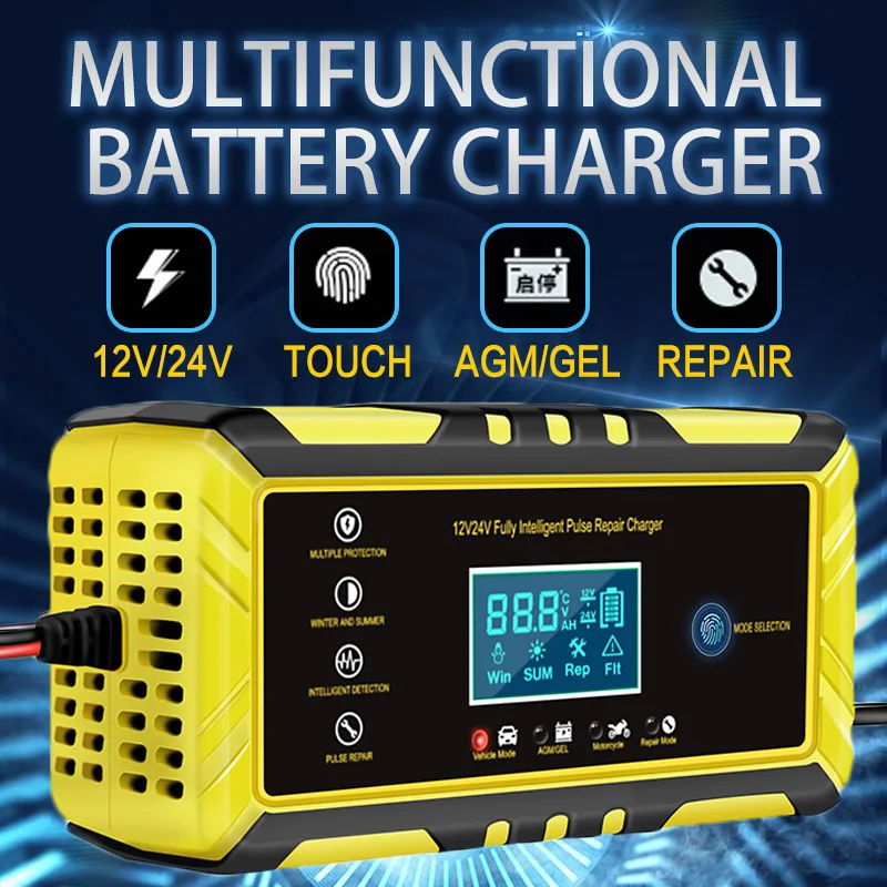 12V/24V Car Battery Charger with LCD Display Full Automatic Intelligent Fast Charging Pulse Repair Charger for AGM GEL Lead Acid