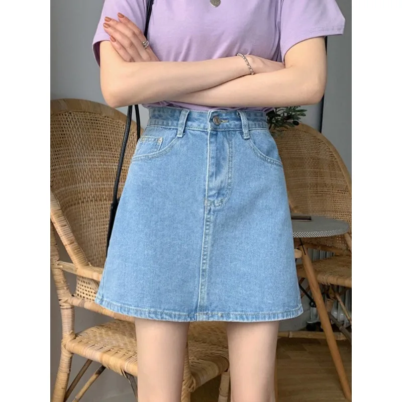 

New Summer Women Retro A-line Loose Mini Denim Skirt Streetwear Female High Waist Button Chic Jeans Skirts Bottoms