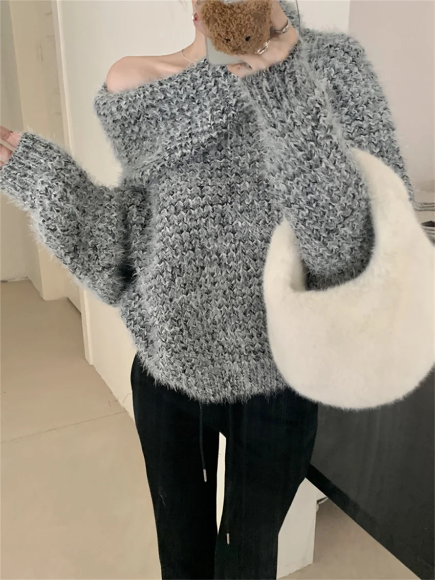 

PLAMTEE Loose Women Sweaters Chic Slash Neck Loose High Street Knitwear Office Lady Daily Casual Winter Gentle Pullovers