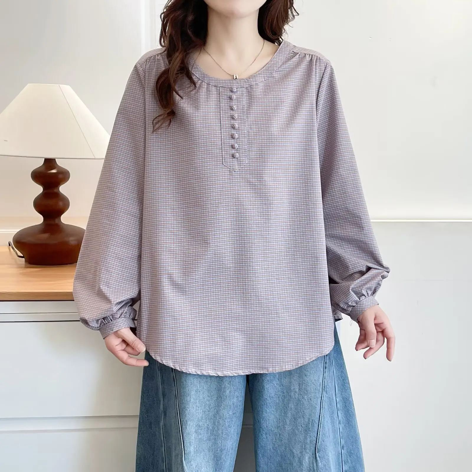 Fashion Plus Size Women's Blouses Autumn New Style British Style Long Sleeve Plaid Shirt 2585