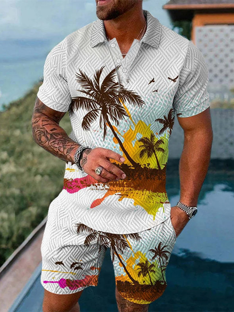 Summer Men Suit 3D Print Beach Coconut Trees Button Polo Shirt + Shorts Two Piece Set  Fashion Casual Man Clothing Tracksuit Set 4