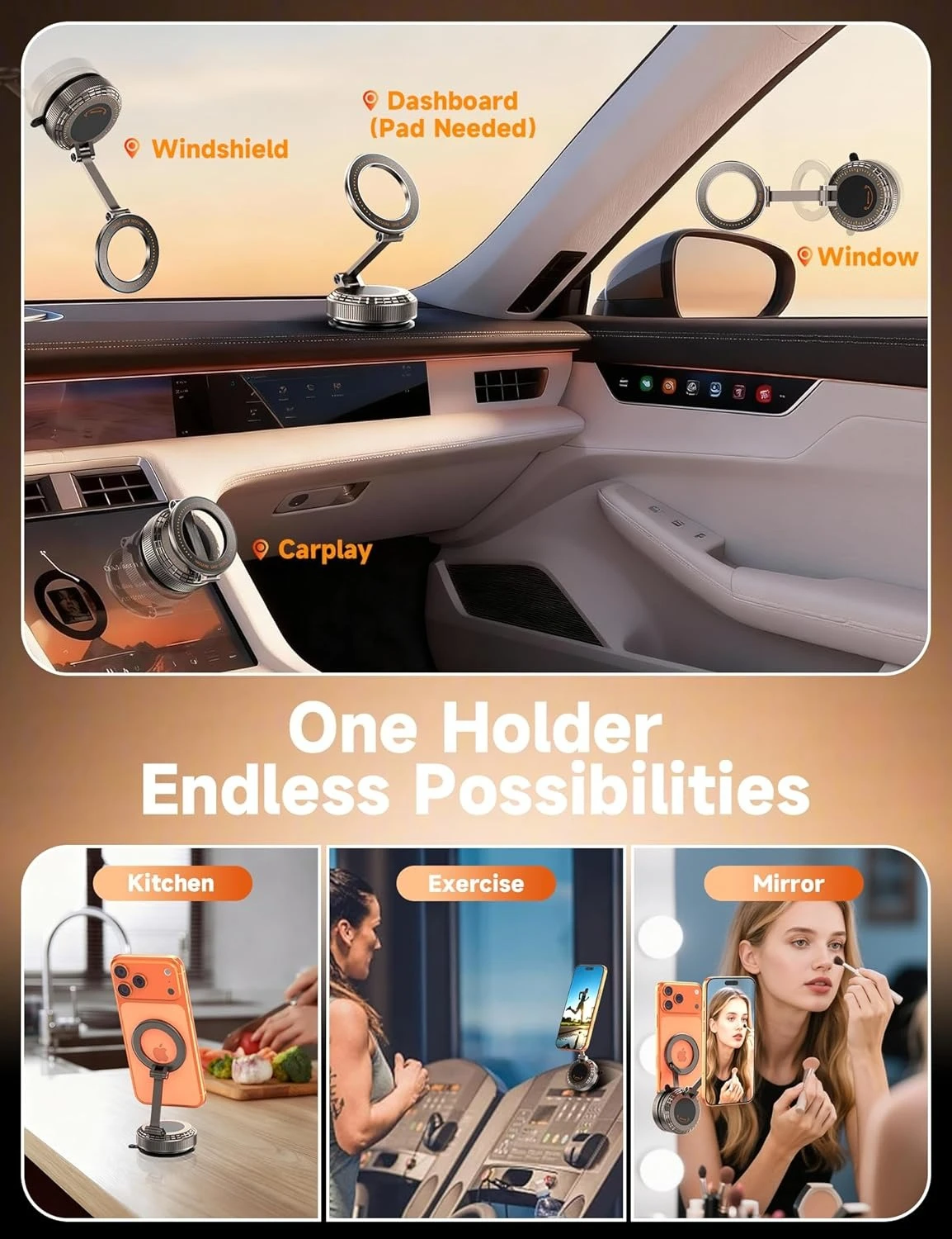 Vacuum Magnetic Phone Holder for Your Car [105+LBS Suction & 3800gf Magnetic] 360° Adjustable Stand for iPhone 17 16 15 14 13 12