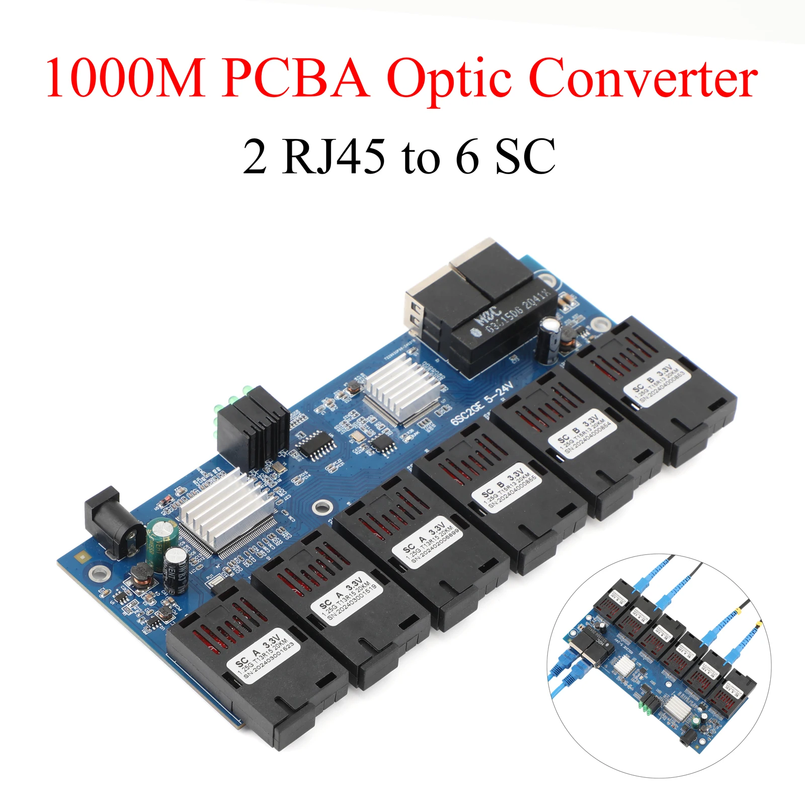 1000M/100M Fiber Optic Media Converter PCBA Board 2 RJ45 to 6 SC 3A+3B Ports 1.25G Connector 1310nm/1550nm 20KM Ethernet Switch