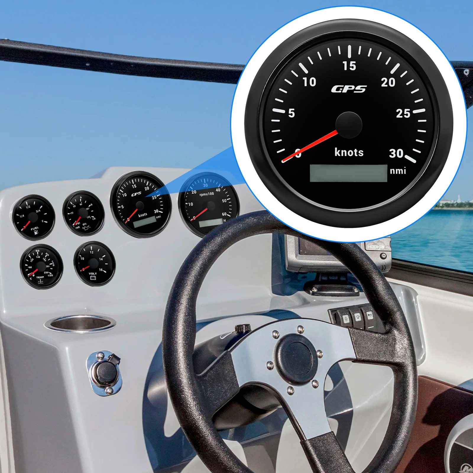 GPS-snelheidsmeter, 30 Km/u Kilometerteller 85 Mm IP67 Waterdicht voor Boot, Auto, Jacht, Motorfiets (zwarte wijzerplaat