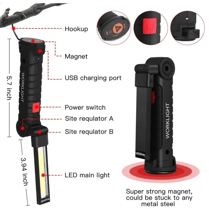 Portable COB LED Flashlight USB Rechargeable Built in Battery LED Light With Magnet led flashlight