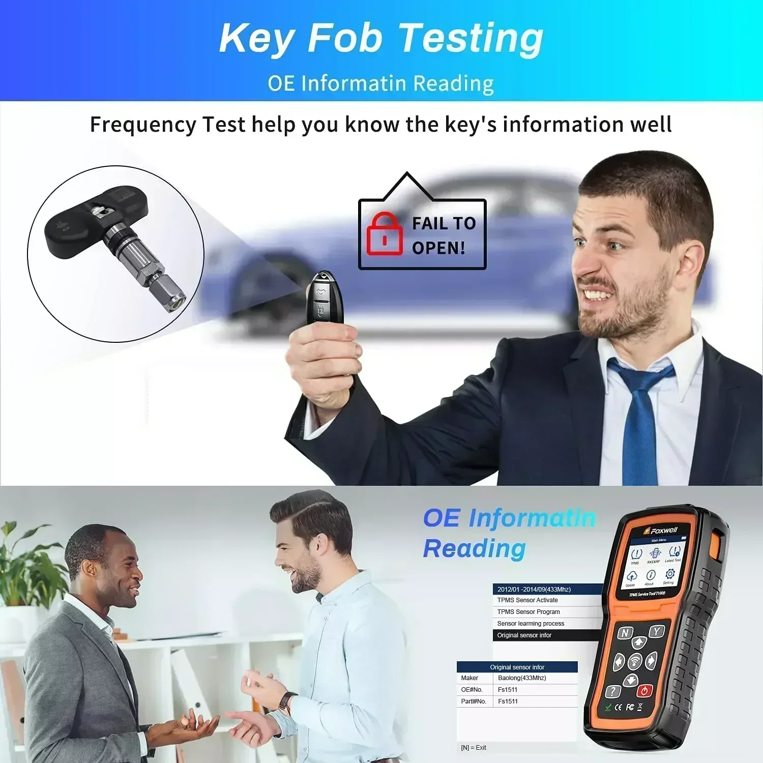 Foxwell T1000 TPMS Tool TPMS Sensors Programming Activate Check RF Key FOB Tire Pressure Monitoring System Auto Tester PK TS601 images - 6