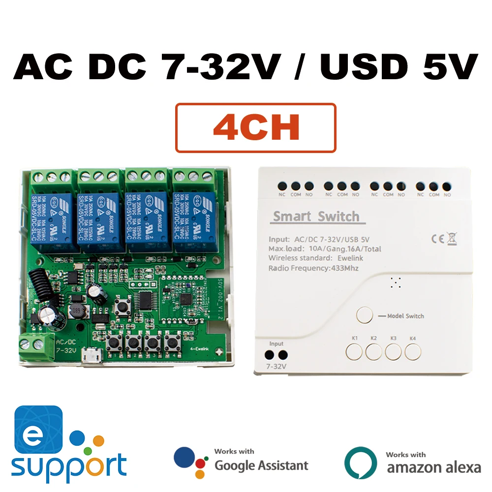 Ewelink-smart Home sem Fio Wifi Módulo Interruptor 4ch rf 433mhz Receptor 10a Relé o Google Home Alexa Compatível com sem Case - Image 6