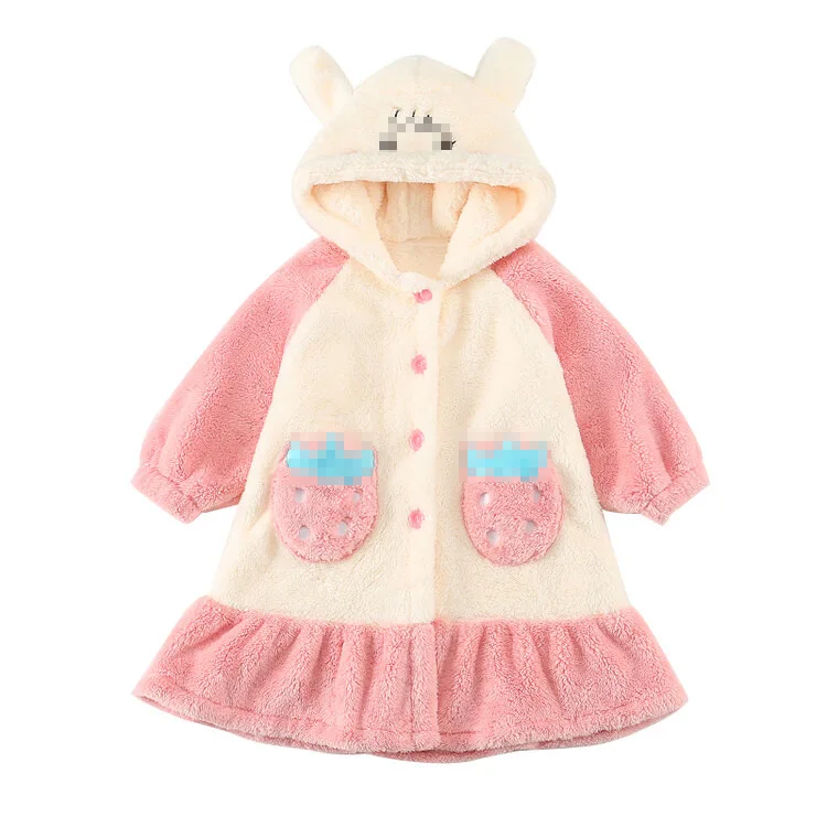 Autumn Winter 1-8Y Girls Flannel Pajamas Cartoon Hat Ear Spliced Kids Girls Robe Strawberry Pocket Warm Toddler Loungewear