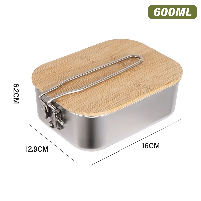304 Stainless Steel 2 in 1 Outdoor Cooking Lunch Box Portable Bamboo Lid Hiking Camping Bento Box Picnic Food Storage Container 6