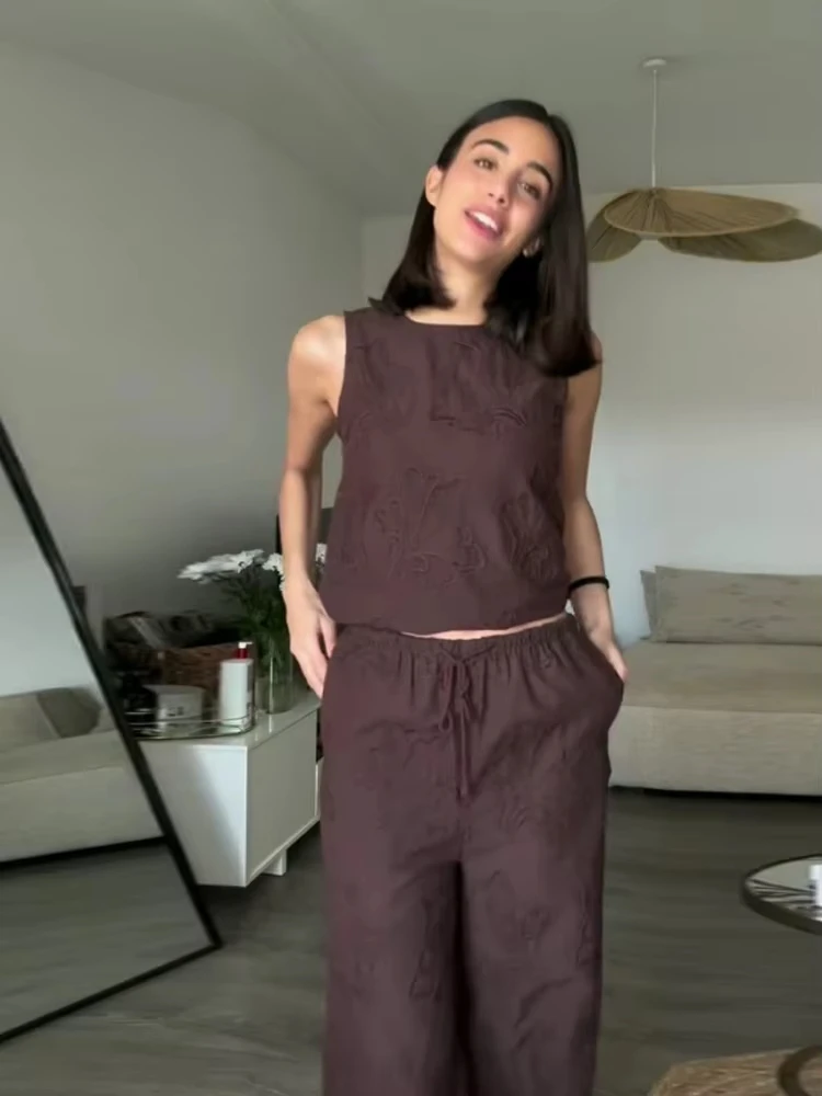 HH Women Solid Embroidery Pant Sets O Neck Sleeveless Vest Tops Loose Casual Drawstring Wide Leg Trousers Office Lady Outfit