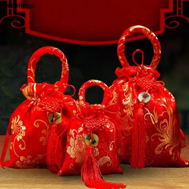 Sac à main en toile à cordon de serrage, 1 pièce, sac à sucre avec pompon à nœud chinois, sac à main de grande capacité pour mariage 1