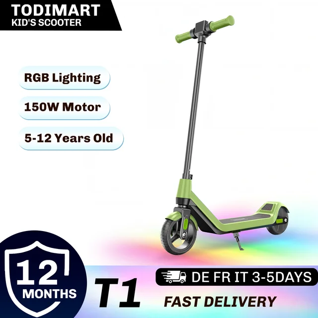 Trottinette électrique T1 pour enfants avec écran LED, 24V 2.6AH, 150W, lumières colorées, jusqu'à 16 km/h, trottinette électrique légère pour enfants 1