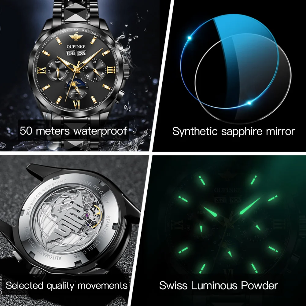 OUPINKE 3201 Moon Phase Mechanical Watch for Men Luxury Top Brand Sapphire Mirror Waterproof Elegant Men's Automatic Wristwatch 5